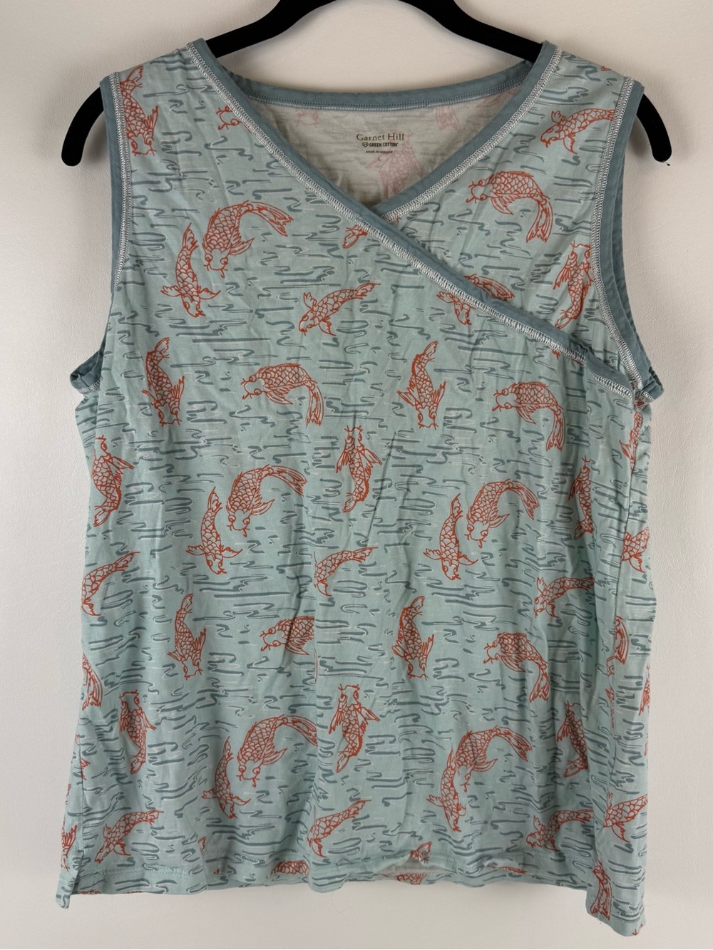 Garnet Hill Green Cotton Koi Fish Pajama Set L Blue Orange Cami Shorts - Picture 5 of 10